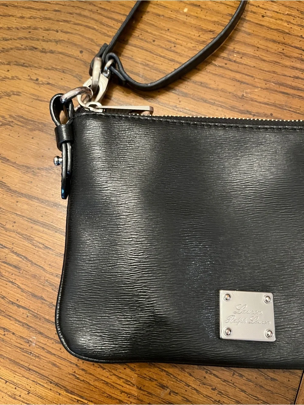 Lauren‎ Ralph Lauren Black Leather Wristlet with Metal Logo Plate